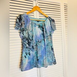 💖 Sara Michelle PM Women's Blue Paisley ShortSleeve Blouse Metal Accent Vintage